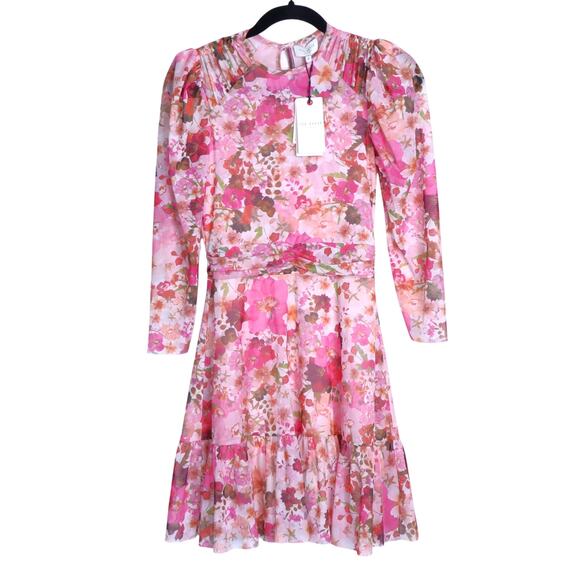 TED BAKER NWT Mildrd Mesh Mini Dress Pink Ruffle Shoulder Gathers Women's 0 - Picture 2 of 10